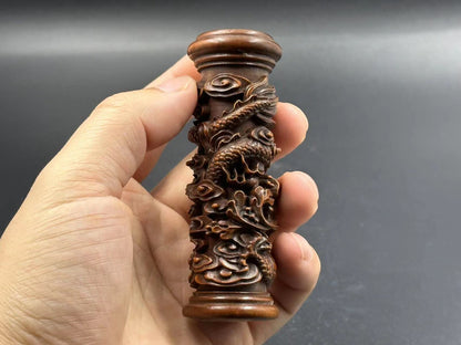 Chinese Vintage Boxwood Carved Dragon Pillar Statue Collection Nice Figurines