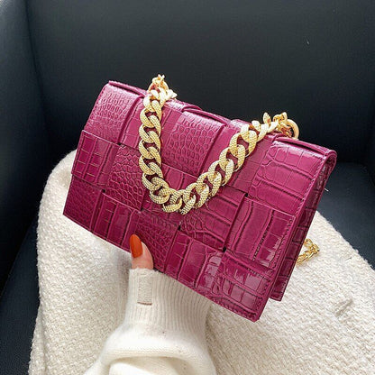 Pattern Pu Leather Bag Women Gold Chain Woven Square Bag Evening Party Clutch