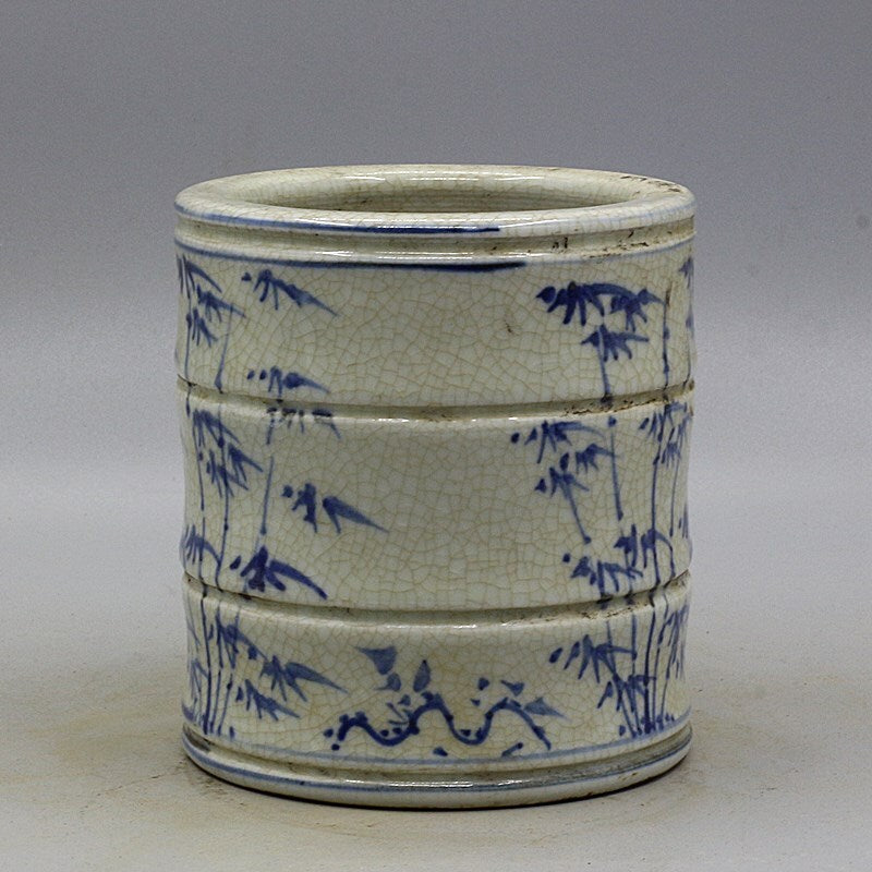 5" Collect Chinese Old Qing Blue White Porcelain Hacking Bamboo Joint Brush Pot