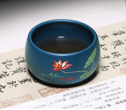 China Yixing Zisha Pottery Hand Drawing Lotus Flower GongFu Teacup Cup Blow