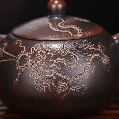 Pottery Tea Pot With Ball Shaped Infuser Holes Dragon Carved Handmade Xishi Pot