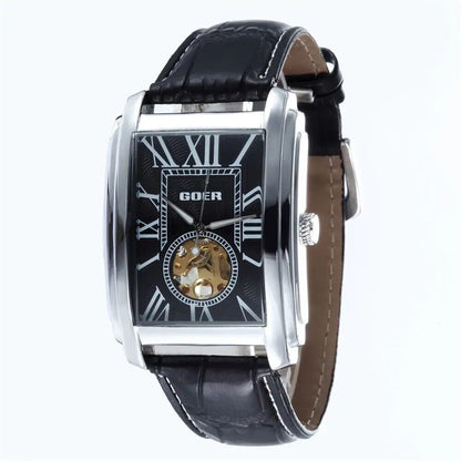 Retro Men's Watch Automatic Mechanical Wrist Watch Skeleton Leather Rectangle