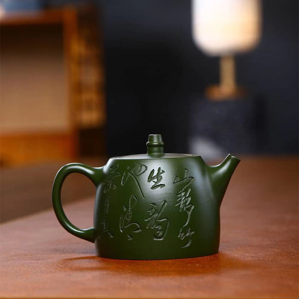True Yixing Zisha Republic Green Clay Tea Pot Marked Bamboo Carved Chinese Pots
