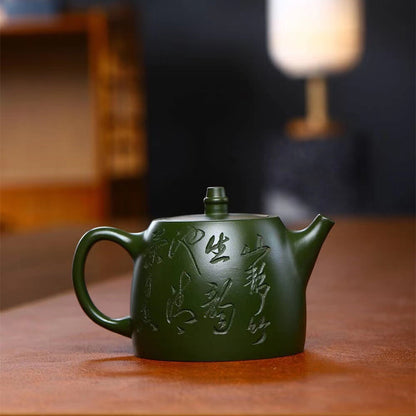 True Yixing Zisha Republic Green Clay Tea Pot Marked Bamboo Carved Chinese Pots