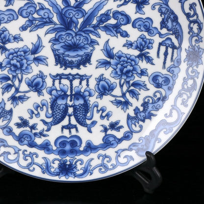 10" Old Chinese Blue and white porcelain Hand Painted Bogu pattern plate