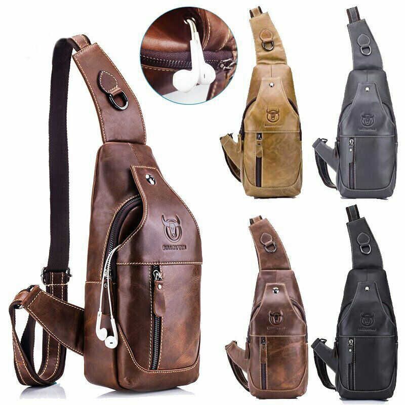 Men's Cow Leather Chest Crossbody Bag Sling Backpack Shoulder Bag Casual Daypack