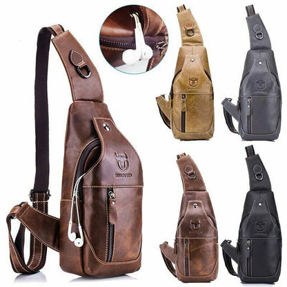 Men's Cow Leather Chest Crossbody Bag Sling Backpack Shoulder Bag Casual Daypack