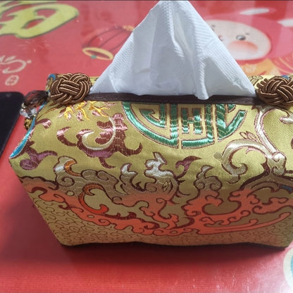 New Chinese Handmade Brocade Tissue Box With Tassel Decor
