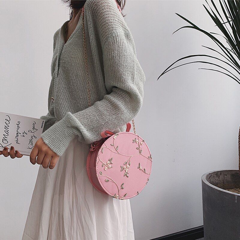 Small Flower Print Chain Shoulder Bag Lace Round Handbags Leather Crossbody Bags