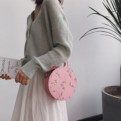 Small Flower Print Chain Shoulder Bag Lace Round Handbags Leather Crossbody Bags