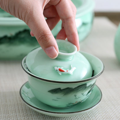Longquan Celadon Porcelain Gaiwan Ceramic Fish Relief Handpainted Tureen Saucer