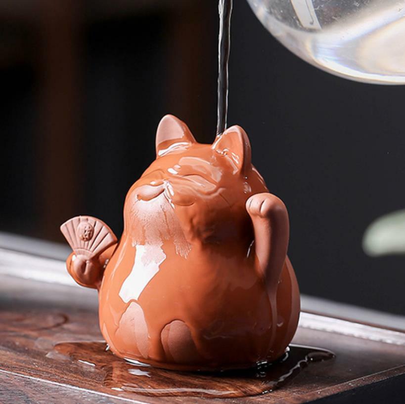 Purple Clay Lucky Cat Tea Pet Handmade Cute Small Animal Figurines Creative