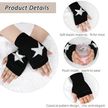 1 Pair Y2K Star Gloves Autumn Winter Fingerless Star Knitted black US New