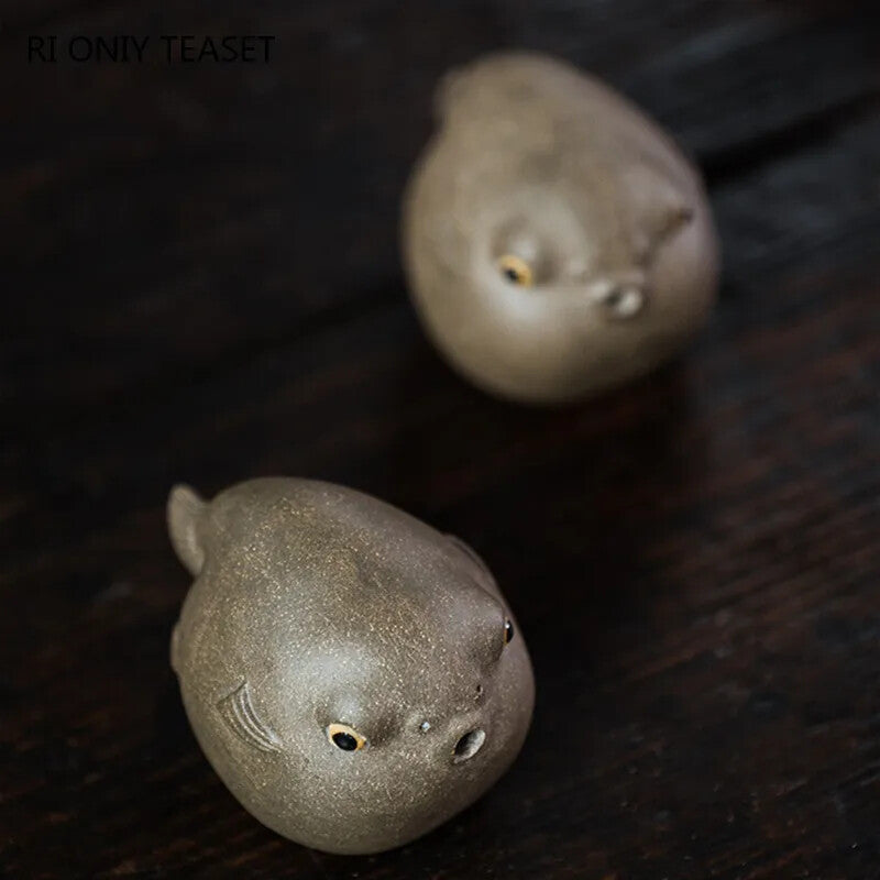 Yixing Purple Clay Tea Pet Pufferfish Statue Ornaments Handmade Tea Figurine