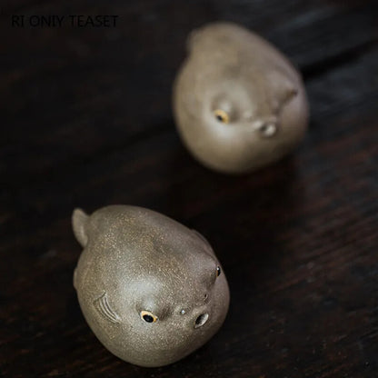 Yixing Purple Clay Tea Pet Pufferfish Statue Ornaments Handmade Tea Figurine