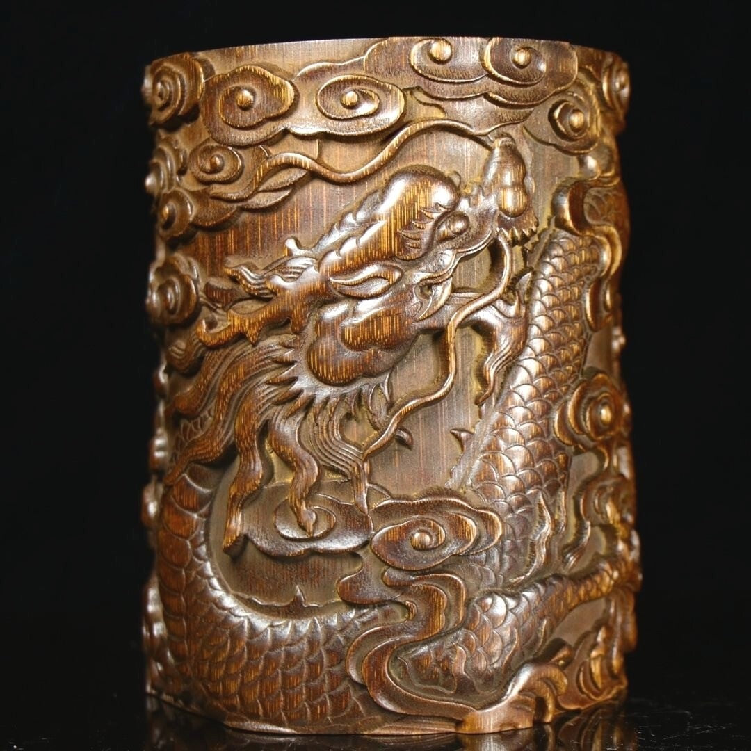 Old Chinese Natural Bamboo Hand Carved Exquisite Dragon Brush Pot Pen Holder