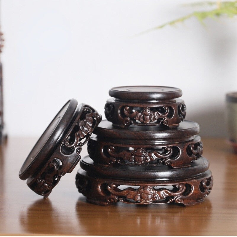 Round Ebony Pedestal Wood Carving Teapot Base Buddha Flowerpot Display Stand New