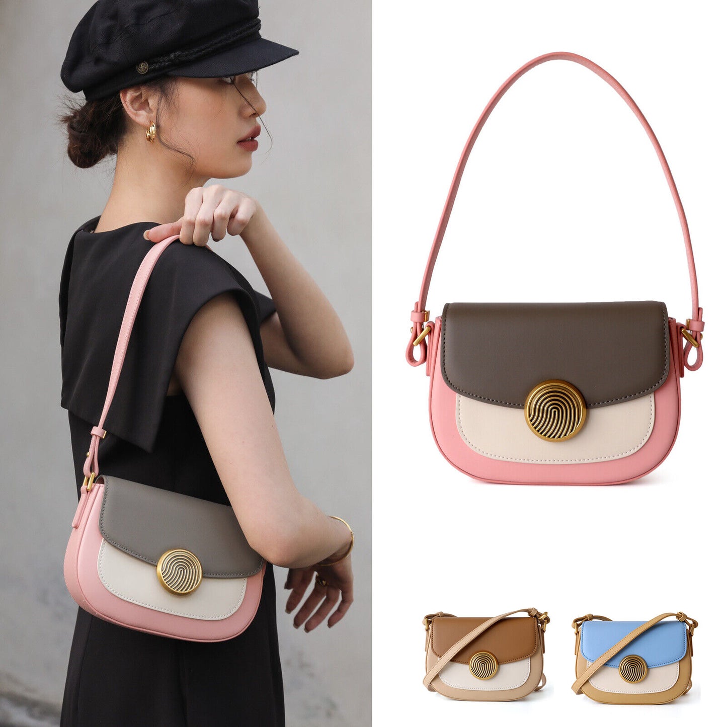 Real Leather Colorblock Small Flap Saddle Shoulder Bag Handbag Purse Crossbody