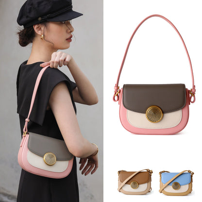 Real Leather Colorblock Small Flap Saddle Shoulder Bag Handbag Purse Crossbody