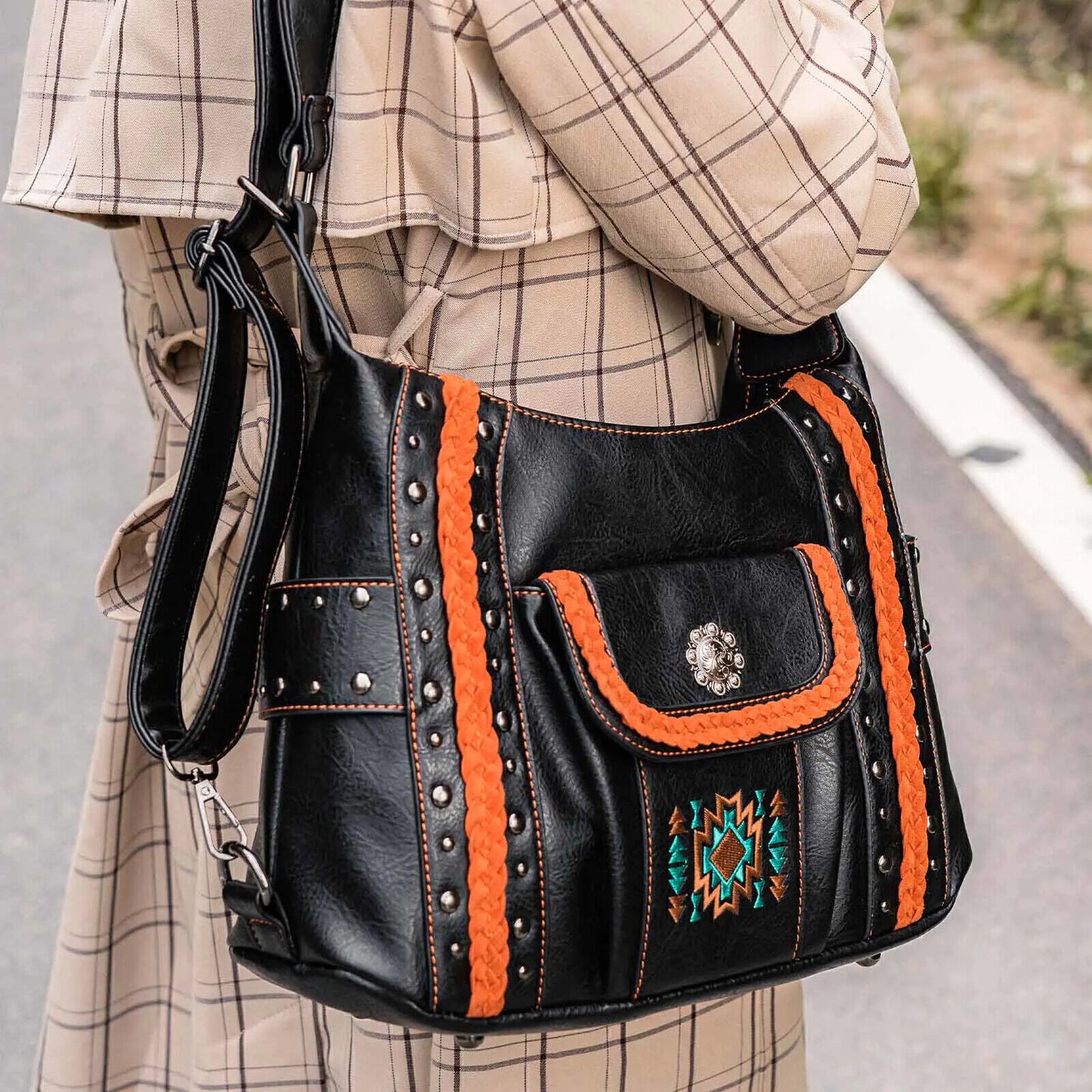 Celela Concealed Carry Embroidered Concho Studs Women Hobo Shoulder Bags Handbag