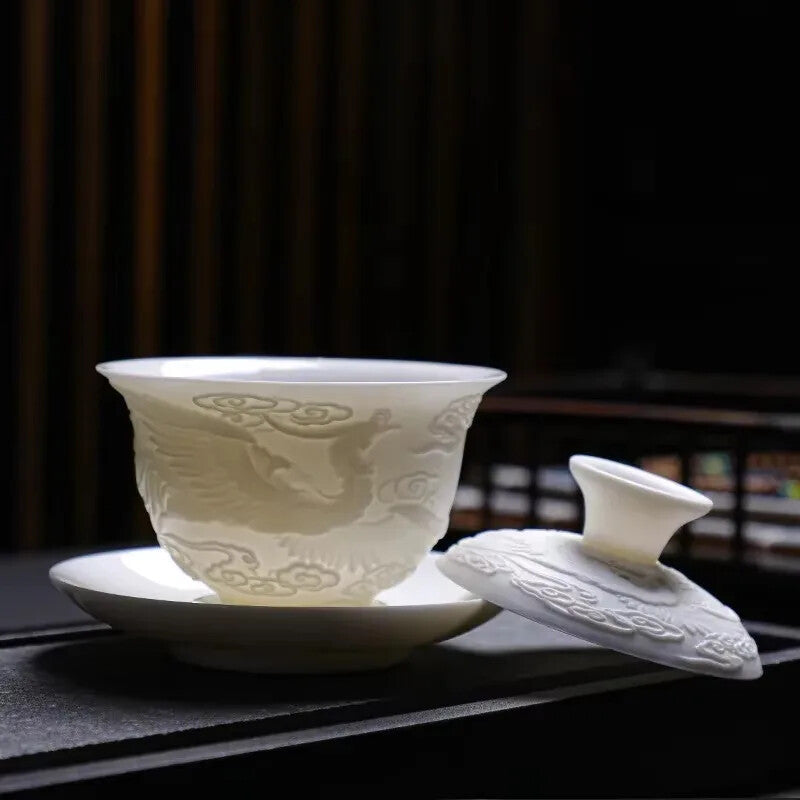 Kung Fu Tea Set Tureen Ceramic Simple Portable Dragon and Phoenix Cups Gaiwan
