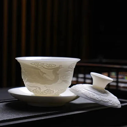 Kung Fu Tea Set Tureen Ceramic Simple Portable Dragon and Phoenix Cups Gaiwan