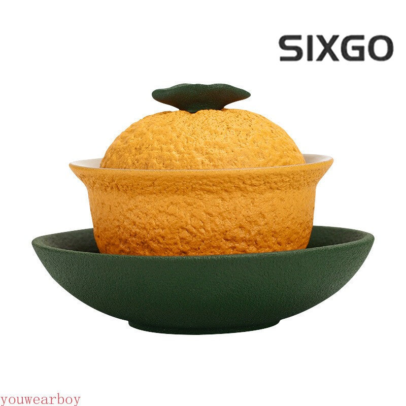 Chinese Sancai Gaiwan Handmade Pottery Tea Cup Bowl Orange Shape Tea Tureen