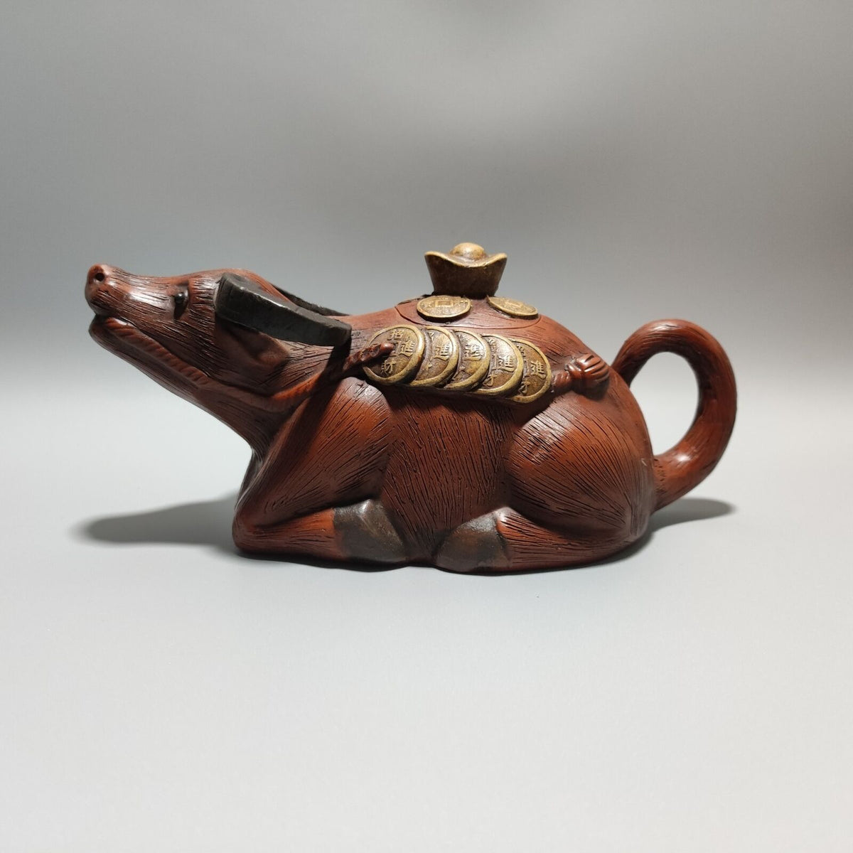 Vintage Chinese Yixing Purple Clay Teapot Zisha Ceramic Carving Cattle Teaware