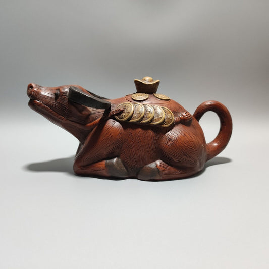 Vintage Chinese Yixing Purple Clay Teapot Zisha Ceramic Carving Cattle Teaware