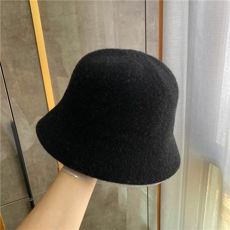 Women's Bucket Hat Warm Winter Teens Felt Wool Fur Black Cap Solid Multifunction