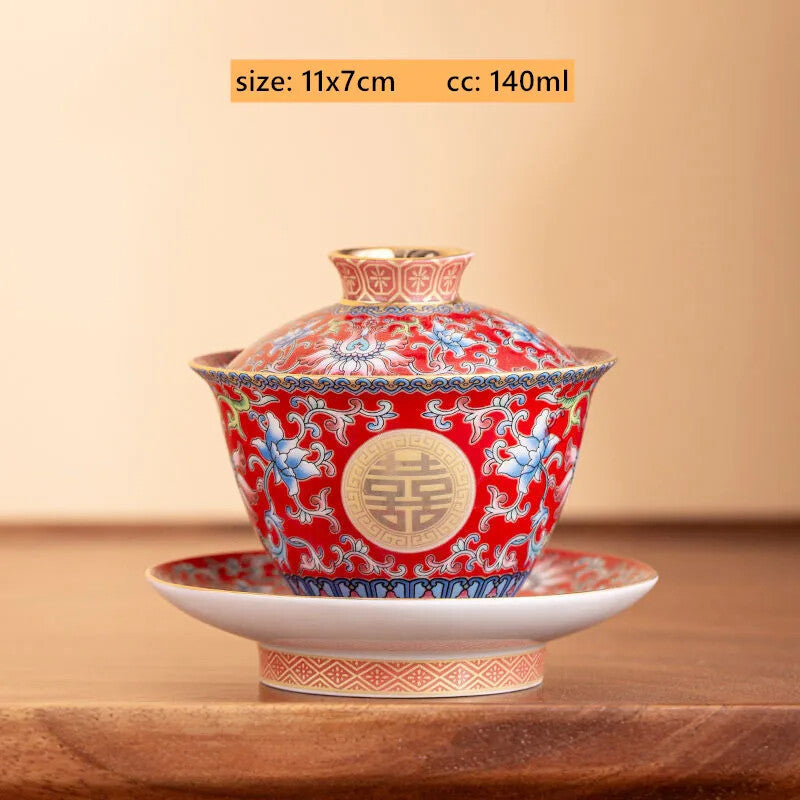 Chinese Wedding Tea Set Enamel Color Ceramic Gaiwan Handmade Tea Bowl