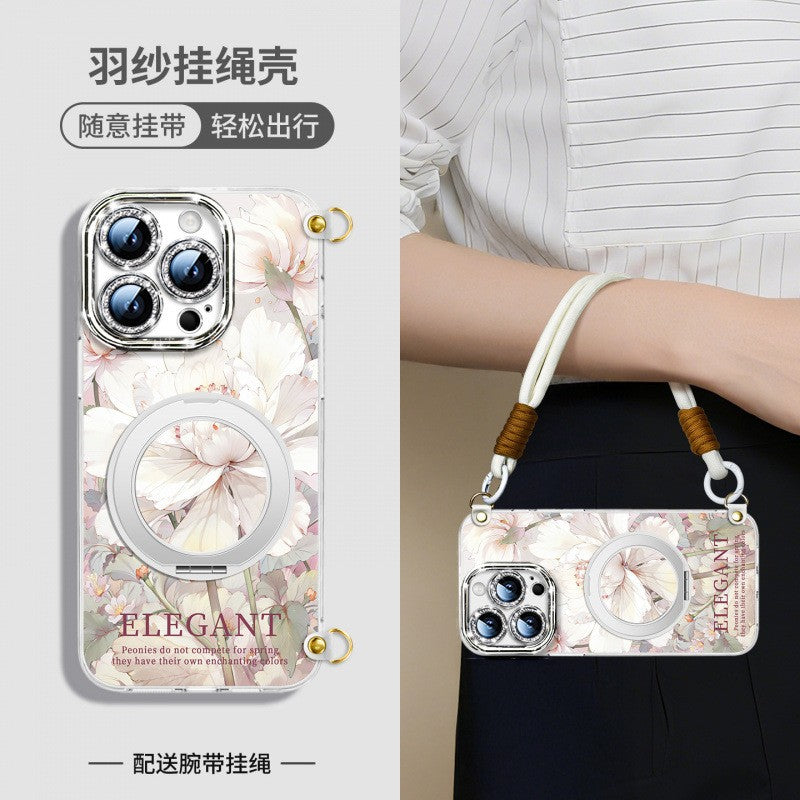For iPhone 16 Pro/15/14/13 Flower Phone Case with Lanyard/Stand/Crossbody Strap