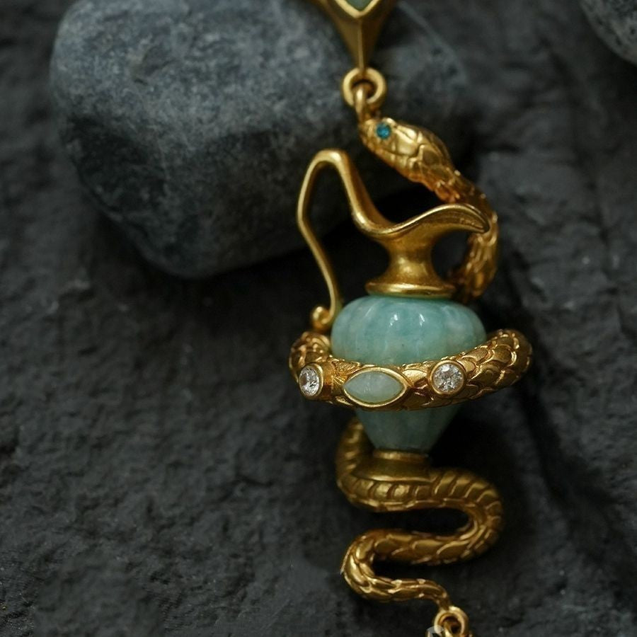 Original Design Spirit Snake Blue Earrings Retro Gold Inlaid Gem Studs