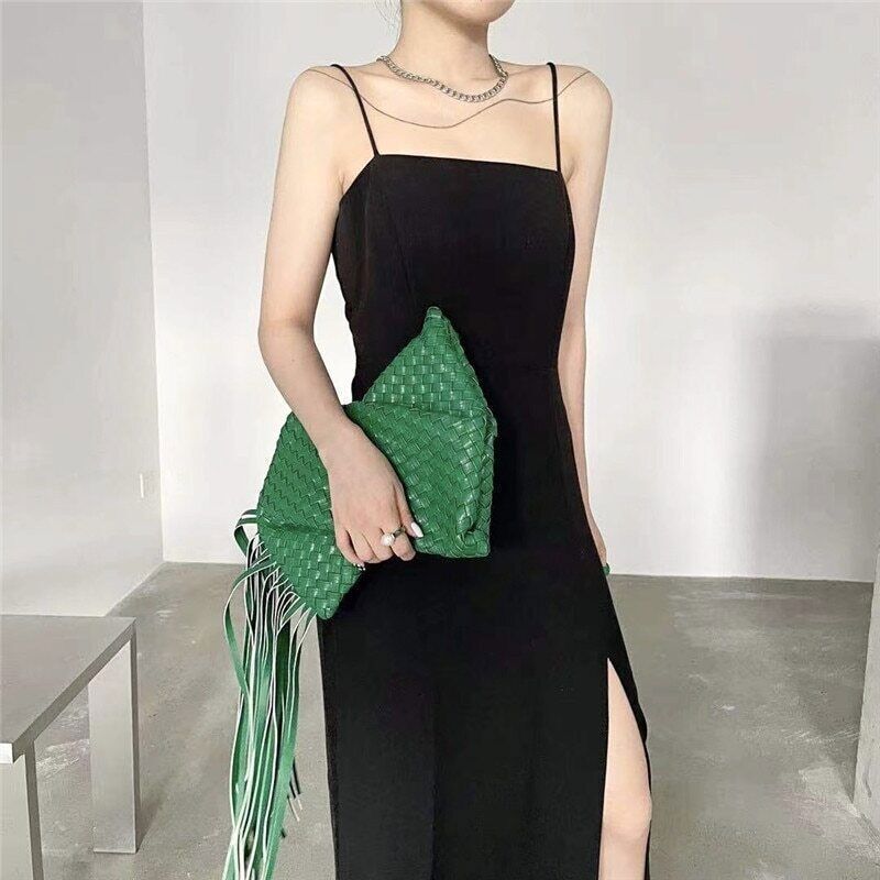 Tassel Clucth Bags Women Leather Woven Lady Handbags Bag Large Party Female