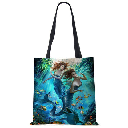 Mermaid Print Shoulder Bag Women Shopping Reusable Bags Large Travel Beach Bags