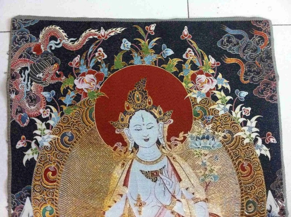 New Silk Embroidery Art Buddhism Tangka Green Tara Buddha Thangka Statue