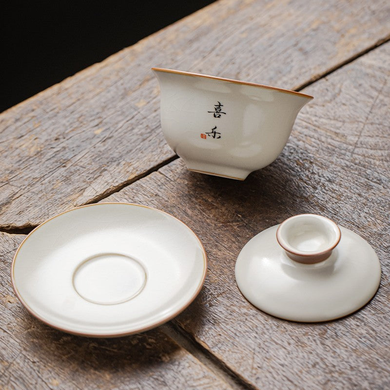 Ru Kiln Three Cai Gaiwan Ceramic Tea Bowl Tea Set Handwriting