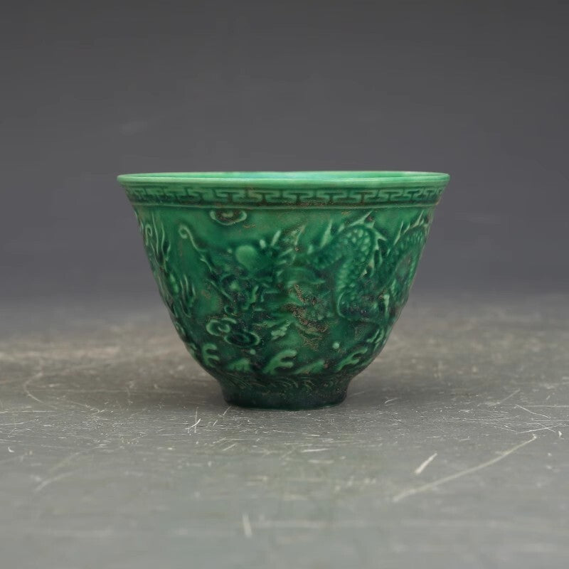 Chinese Ming Chenghua Green Glaze Porcelain Carved Dragon Design Teacup Cup 2.8"