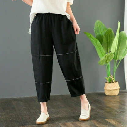 Women Comfort Loose Fit Baggy Flax Linen Harem Pants Leisure Pockets Trousers @