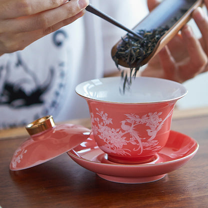 160ml Porcelain Gaiwan Flower Relief Sancai Bowl Saucer Ceramic Tureen Lid Gift