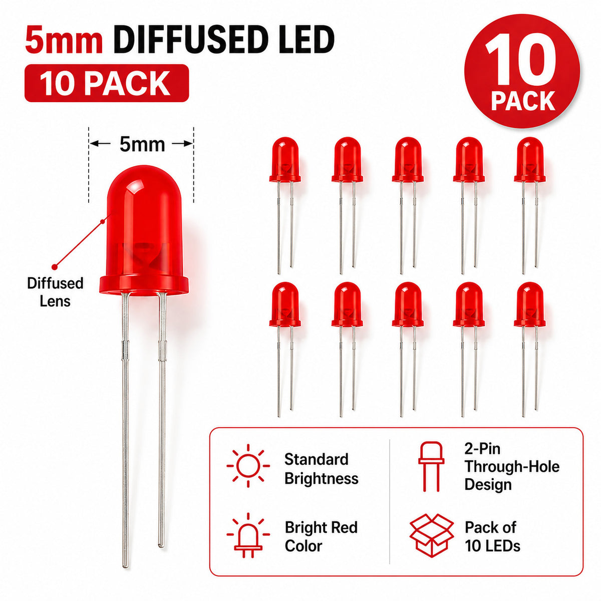 10 Pack Diffused Lens LEDs - Standard - Bright Red - 5mm
