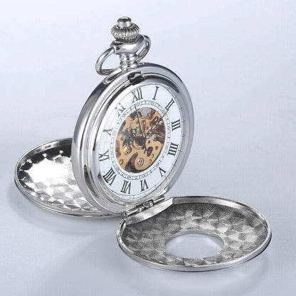 Retro Hand Wind Mechanical Pocket Watch With Fob Chains Men Hollow Skeleton Dial