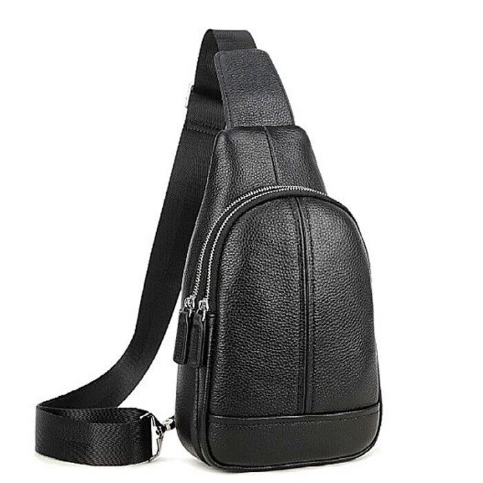 Real Cow Leather Black Men Sling Backpack Crossbody Bag for Hiking Shoulder Bag