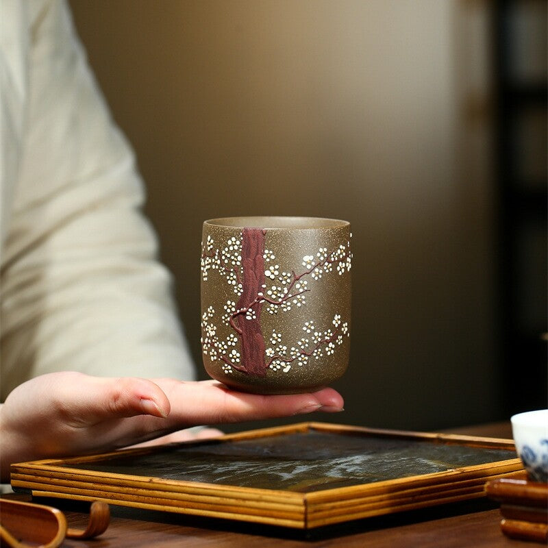 Wintersweet Relief Chinese Teacup True Yixing Zisha Purple Clay Marked Cup 200ml
