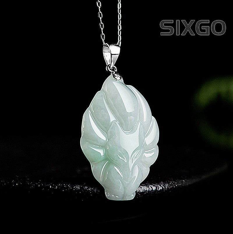 Natural Grade A Jade Jadeite Nine-Tailed Fox S925 Silver Jade Pendant