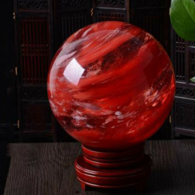 80mm Large Natural Red Smelting Stone Quartz Crystal Sphere Ball Decor + Stand