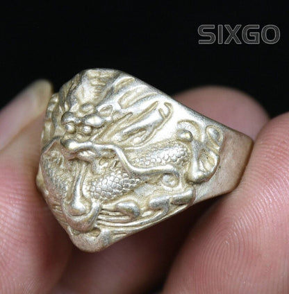 Old Chinese Luck Ring Miao Silver Feng Shui 12 Zodiac Year Dragon Wealth