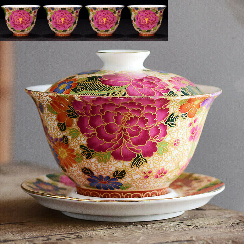 One Gaiwan + 4 Matching Tea Cups Handpainted Under Glaze Jingdezhen Craft Tureen