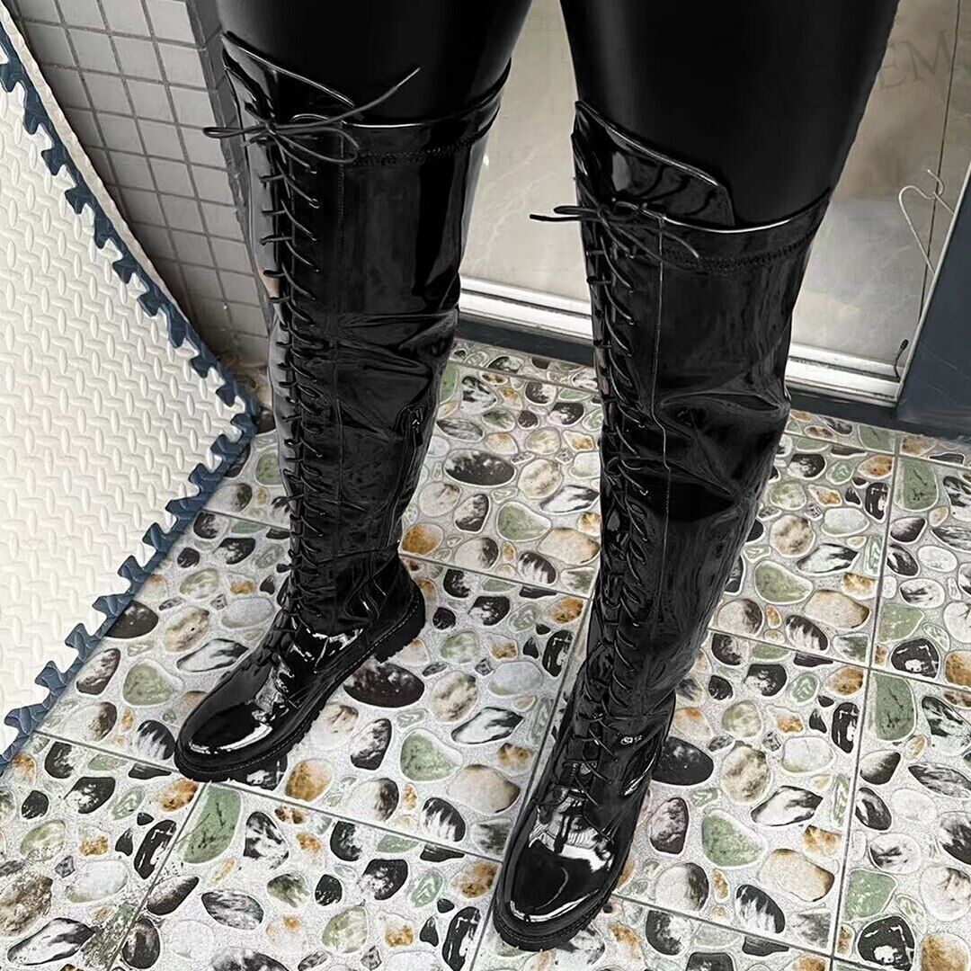 Women Over Knee Boots Round Toe Wide 5CM Mid Heels Boots Side Zip Shoes Woman