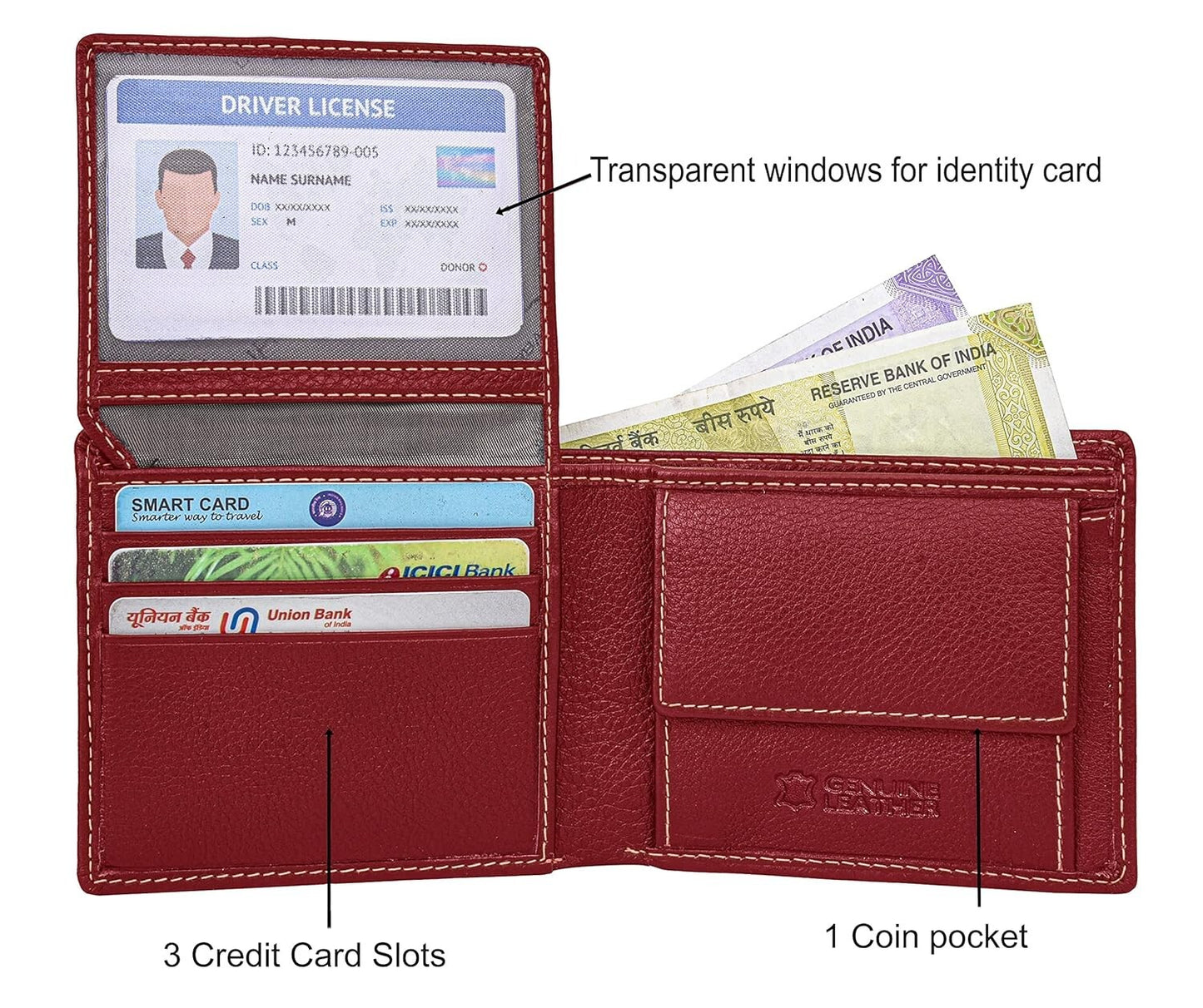 New Red Bi-Fold Leather Men's Wallet RFID Protection Gift Item